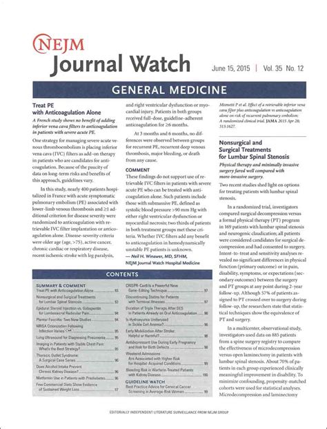 Nejm journal watch - The mission of NEJM Group is to advance medical knowledge from research to patient care, making the connections between developments in clinical science and clinical practice to improve healthcare quality and patient outcomes. NEJM Journal Watch is an independent voice within the group. Our esteemed physician authors and editors curate and ...
